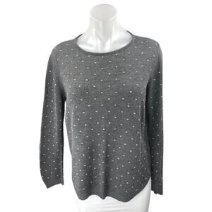 MNG Mango Women's Gray White Long Sleeve Polka Dots Knit T Shirt Tee Top Size S